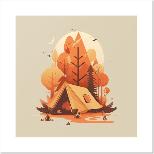 Camping in Tent, Autumm Adventure in the Forest Wall Art by dukito